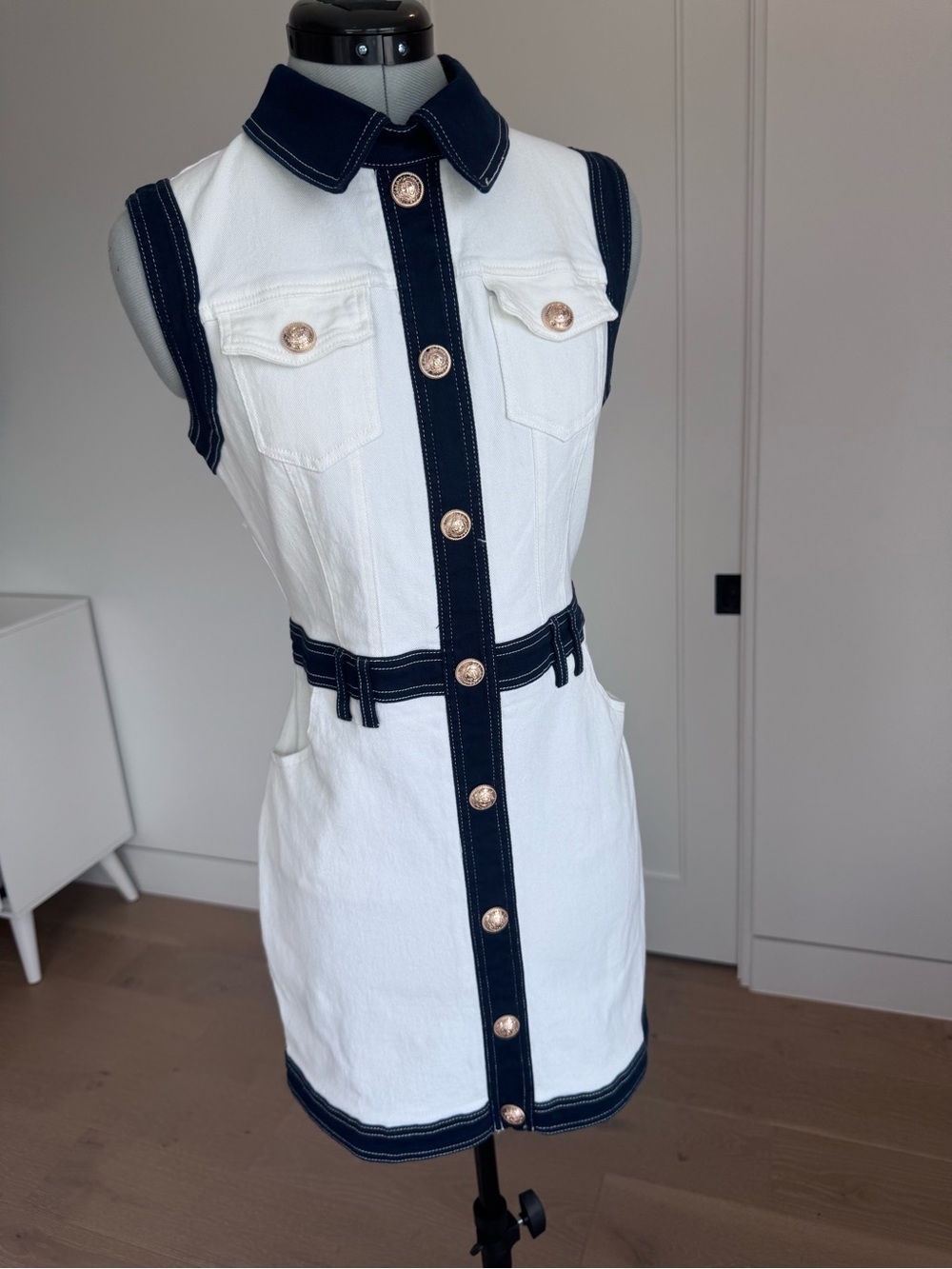 Contrast Trim Denim Mini Dress – White & Navy